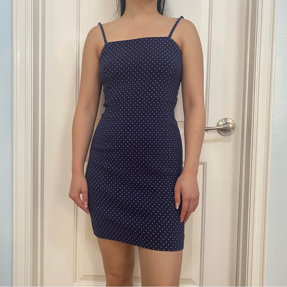 Forever 21 Straight Neckline Polka Dot Cami Bodycon Mini Dress Navy Blue Size S